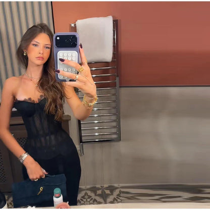 Sexy Women Sheer Lace Corset Top Bodycon Strapless Boned Bustier Sleeveless Back Lace-up Outfit 2026 New Fashion Party Clubwear