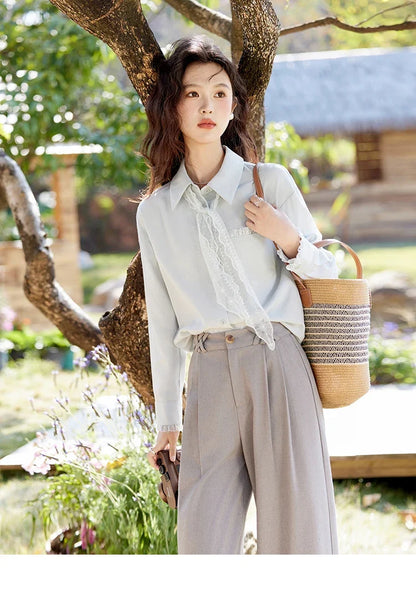 French Spring Blouses Women 2025 New Long Sleeve Turn-down Collar Loose Shirts Female Fashion Lace Casual Tops MXE16C0760