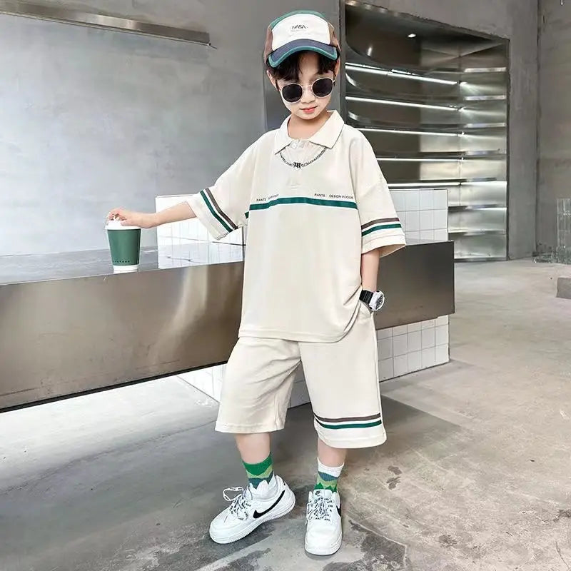 Summer Boys Cotton Loose Alphabet Stripes T-Shirt Tops+Shorts Pant Sets School Kids 2PCS Tracksuit Children Outfits 3-16 Years