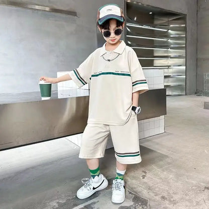 Summer Boys Cotton Loose Alphabet Stripes T-Shirt Tops+Shorts Pant Sets School Kids 2PCS Tracksuit Children Outfits 3-16 Years
