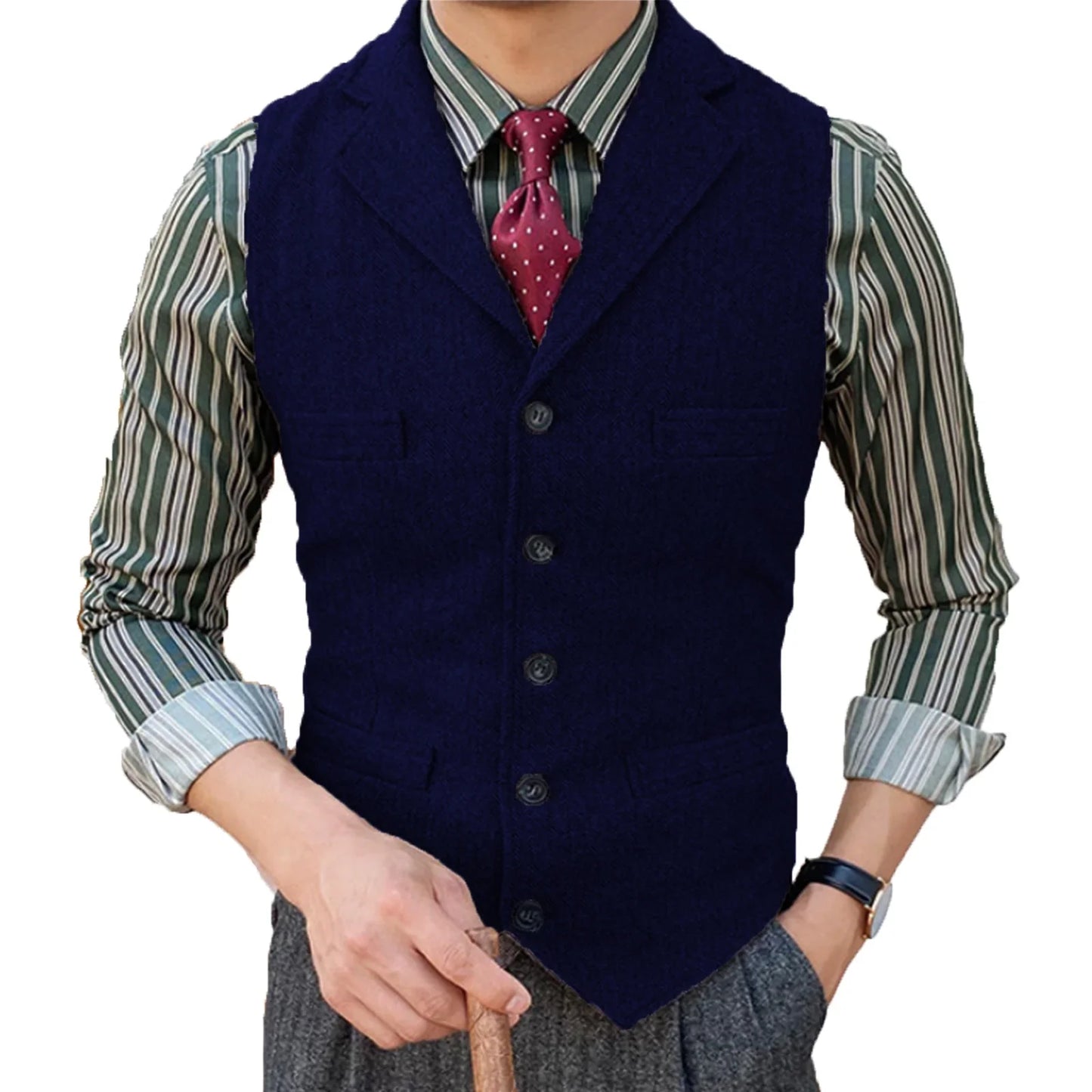 Men's  Vest Slim Fit Suits Vest Herringbone Tweed Notch Lapel Wool Business Casual Waistcoat Grossmen For Wedding
