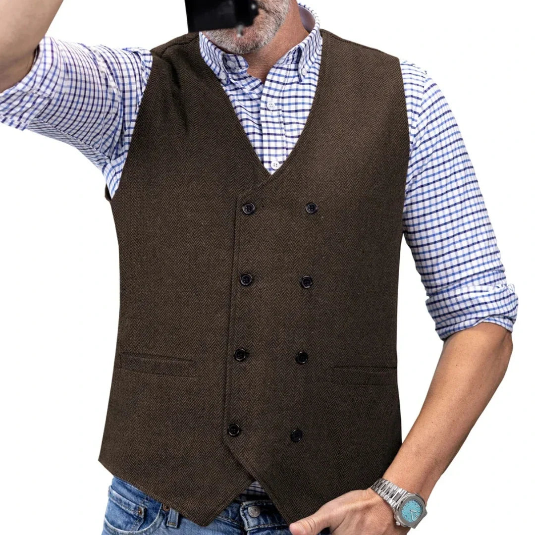 Men Vest Brown Herringbone Double Button Waistcoat For Wedding Birthday Banquet Party Business Office Work Men Suit Vest