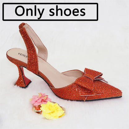 Bridal High Heels for Women 2023 Pointed Toe With Bows Gold Color Rhinestone  Elegant Party Wedding Shoe and Bag Set