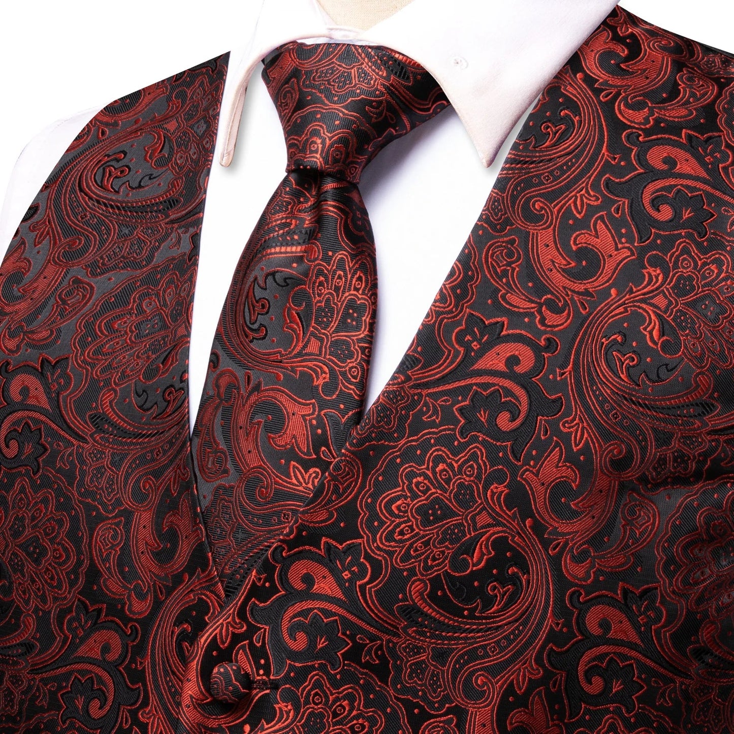 Formal Rose Pattern Paisley Plain Solid Mens Vest Party Wedding Waistcoat Pocket Square Tie  Hankie Suit Set