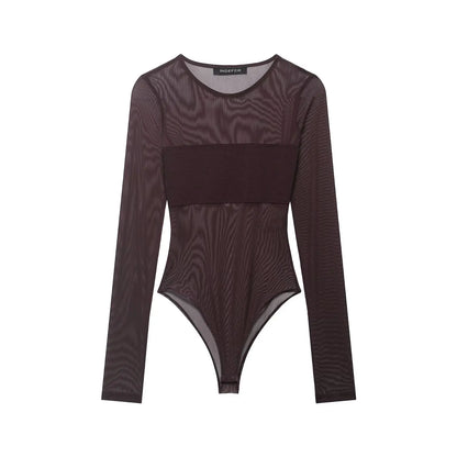 Chic Sheath Sexy Brown Streetwear Night Party Jumpsuit Fashion 2026 Club Long Sleeve Cool Strapless Sheer Mujer Tops