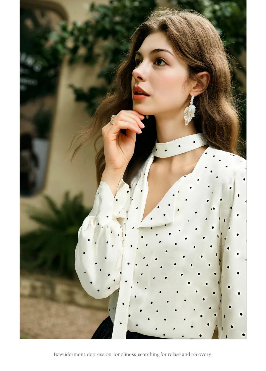 Woman Chiffon Blouse French Style 2026 Spring Elegant Polka Dot Ladies Top Bow Tie Neck Long Sleeve Shirts O58CC002535
