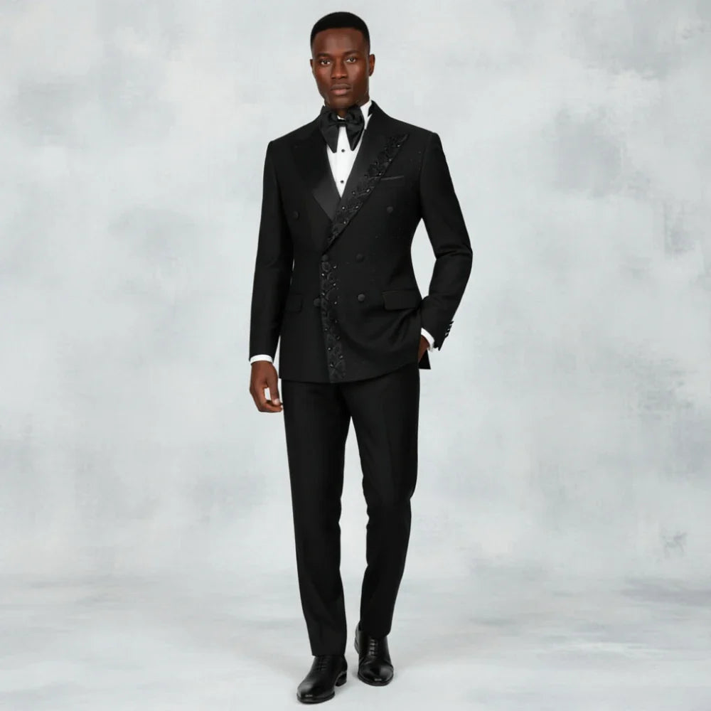 Beaded Men Suits Textured Black Embroidery Double Breasted Formal Slim Fit Groom Tuxedo Wedding Prom Dinner Party Blazer Pants