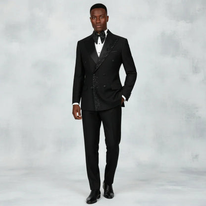 Beaded Men Suits Textured Black Embroidery Double Breasted Formal Slim Fit Groom Tuxedo Wedding Prom Dinner Party Blazer Pants