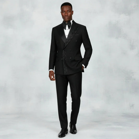 Beaded Men Suits Textured Black Embroidery Double Breasted Formal Slim Fit Groom Tuxedo Wedding Prom Dinner Party Blazer Pants