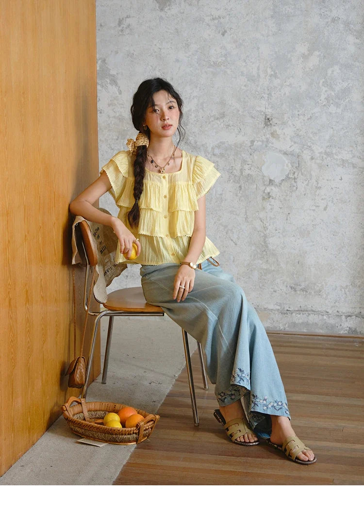 Butterfly Sleeve Chiffon Shirt Women's 2025 Summer New Women's Clothing Retro Square Neck Button Casual Shirt MXD30X1488