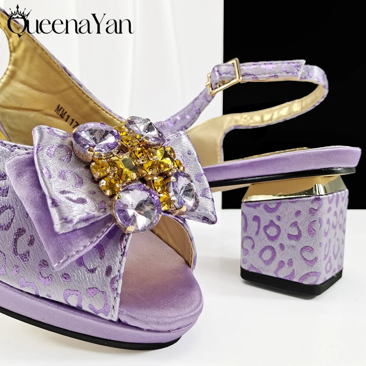 Queena Yan  2025 Shiny Italian Fashion Pointed Toe Women Heel Fashion Rhinestone Decoration Pink Color Shoes And Bag Set