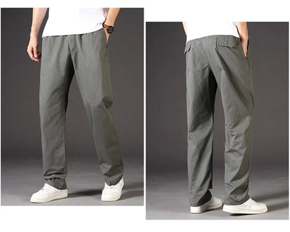 Men's 100% Cotton Cargo Pants Multi-pocket Elastic Waist Pants Big and Tall Mens Trousers Loose Fit Gym Sports Men's Pants