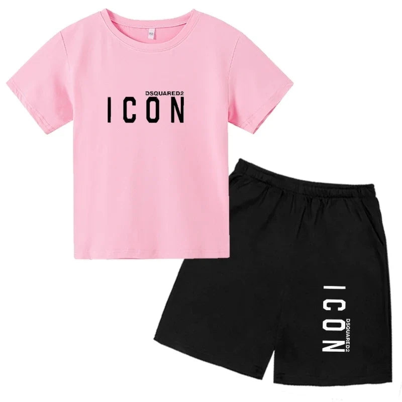 ICON print  2-12 Years Boys Girl  Children Clothes T-shirts+ Shorts Sets Casual Short Sleeve shorts suits