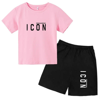ICON print  2-12 Years Boys Girl  Children Clothes T-shirts+ Shorts Sets Casual Short Sleeve shorts suits