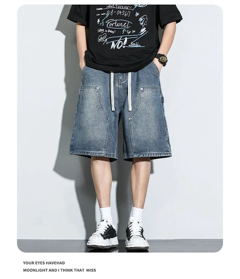 Men's Baggy Cargo Shorts Summer New Fashion Drawstring Straight Casual Jeans Streetwear Pocket Splicing Male Short Pants