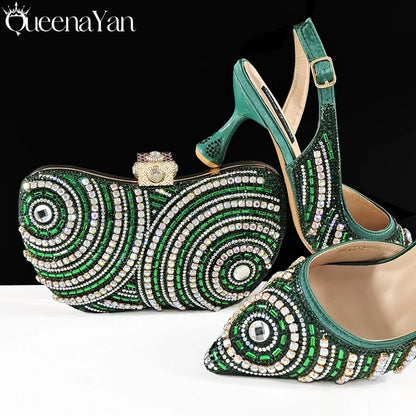 Nigerian Party Shoes Only shoes OR with bag set in Green  High Heel, Elegant Matching for Weddings & Special Occa