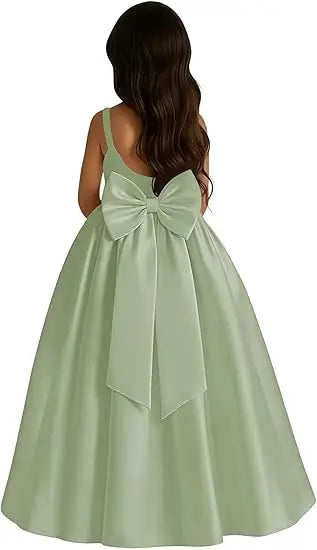 Long Ivory Satin Flower Girl Dresses for Wedding Bow Party Birthday Princess Dress Junior Bridesmaid First Holy Communion Gowns