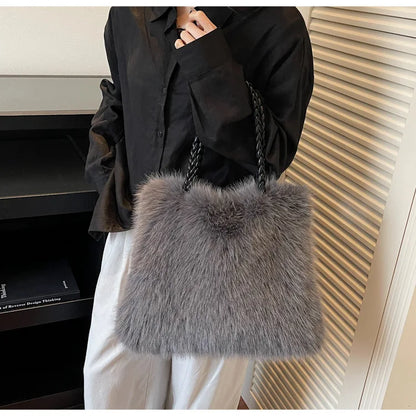 Fashion Women Furry Shoulder Bag Large Capacity Tote Handle Bag for Autumn Winter Outing Commuter Texture Versatile Storage Bags