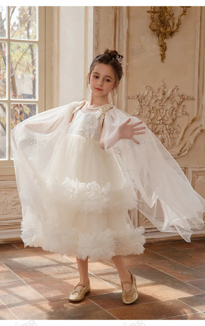 Sweet Baby Girls 2026 Summer New High-end Tulle Sequin Formal Princess Gown Kids Performance White Tulle Birthday Party Dress