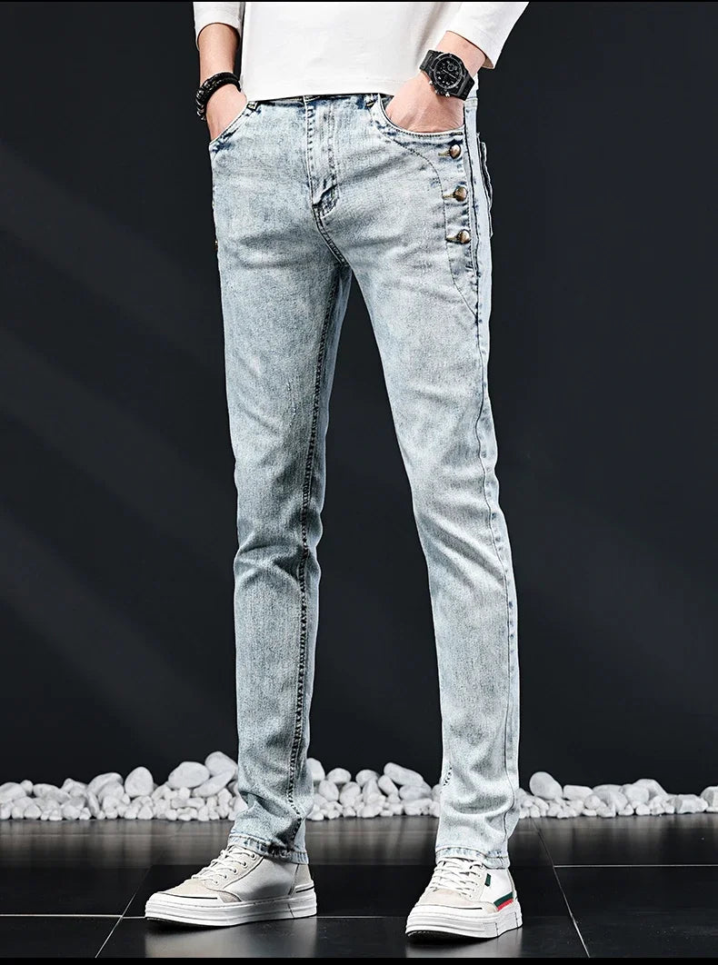 Slim Skinny Jeans Men New Elastic Korean Design Fashion Multi-Button Blue White Vintage Wash Cotton Stretch Denim Pants Trousers