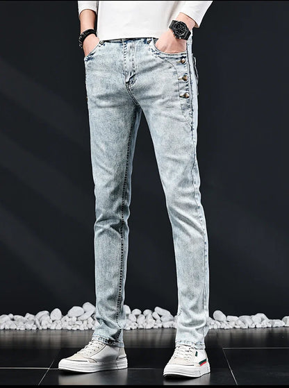 Slim Skinny Jeans Men New Elastic Korean Design Fashion Multi-Button Blue White Vintage Wash Cotton Stretch Denim Pants Trousers