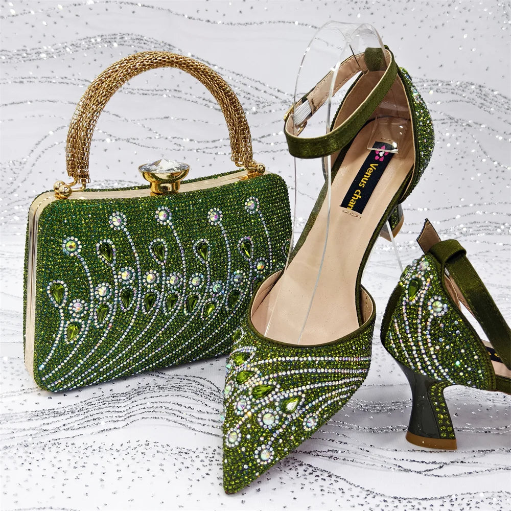 Elegant Italian Rhinestone Pointed-Toe High Heel Shoes with Matching Handbag Set - Stylish & Comfortable Women's Footwear