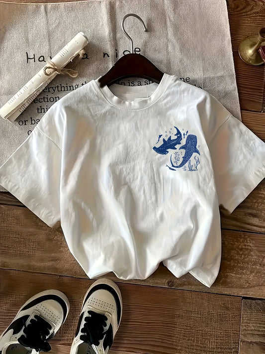 100% Cotton Women's Casual Round Neck T-Shirt with Shark Print Short Sleeve All-Season Fashion Tee for Ladies Girls