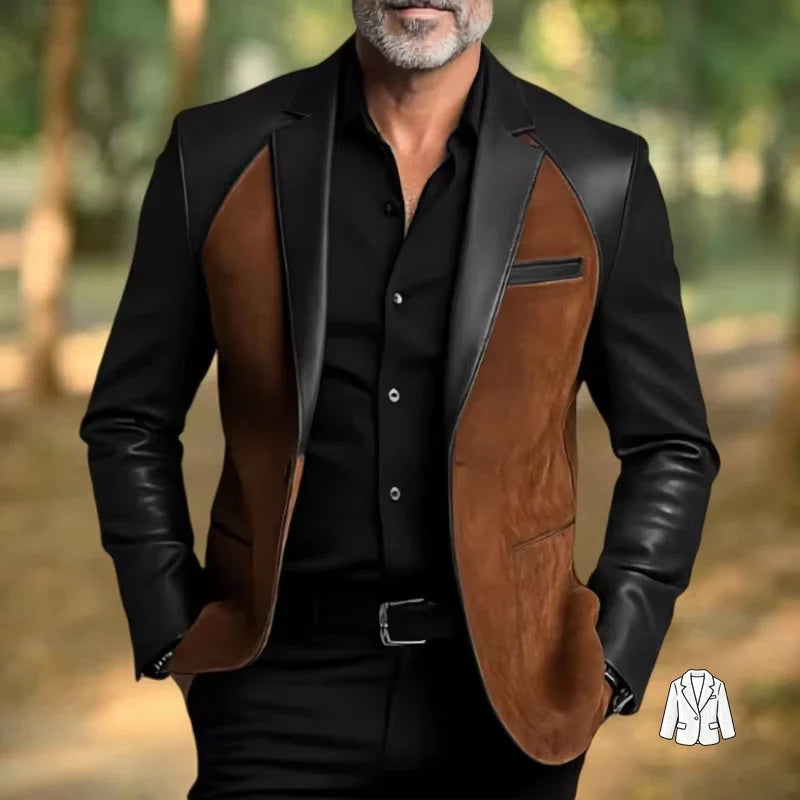 Retro Men's Faux Suede Jacket with PU Leather Collar & Shoulder 2 Buttons Two-Tone Blazer Contrast Trim Coat