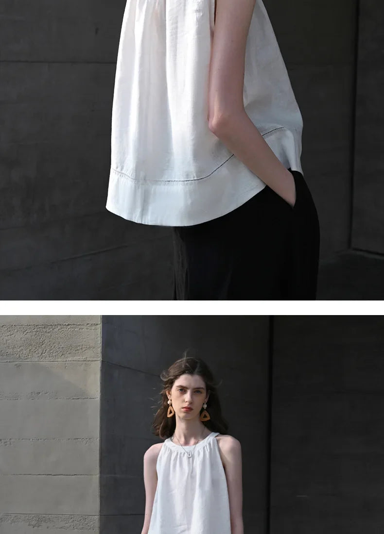 100% Linen Halter Tops Women 2026 Summer New Round Neck Sleeveless Tank Top French Office Ladies Loose Camisoles