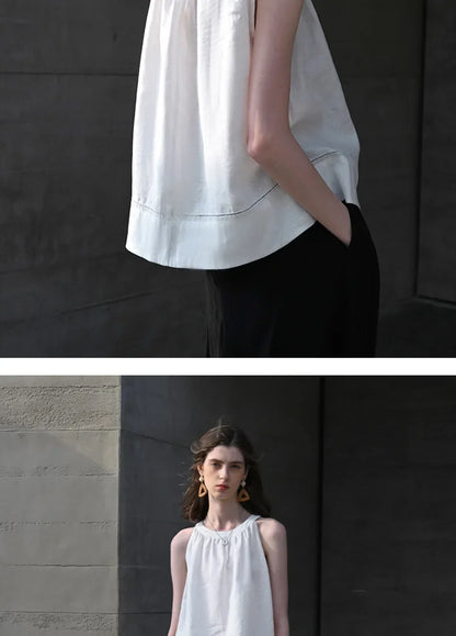 100% Linen Halter Tops Women 2026 Summer New Round Neck Sleeveless Tank Top French Office Ladies Loose Camisoles