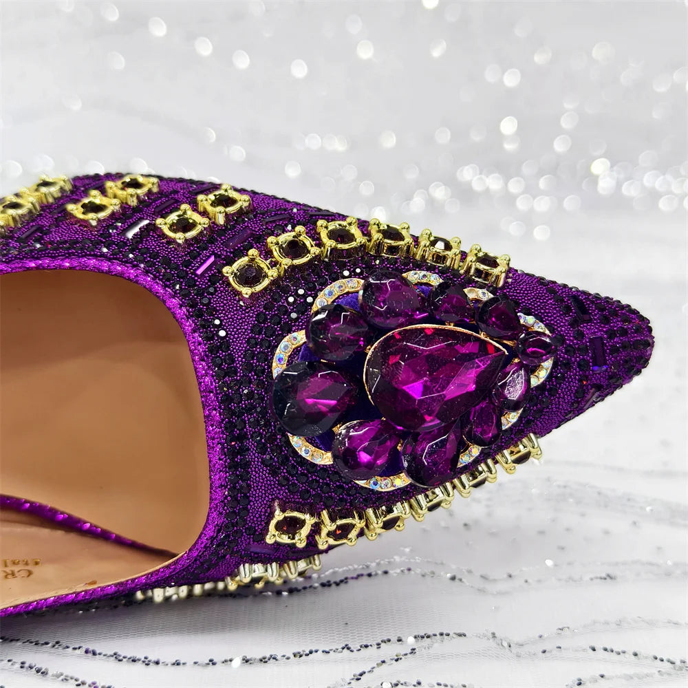 Popular Pointed Women Shoes Heels and Bags Rhinestone Chain Ladies Wedding Party Elegant and Luxurious Fashion