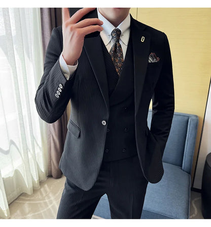 Luxury Stripe Men Suit Korean Version Fashion Elegant Slim Fit Tuxedo Formal Groom Wedding Social Suits