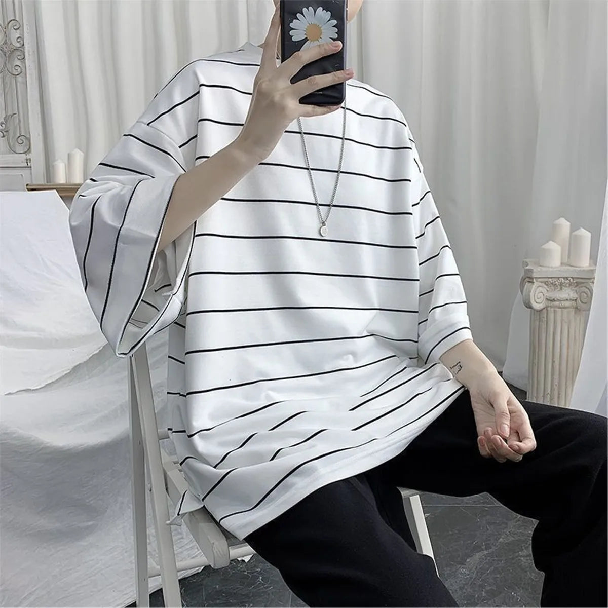 2026 Summer Oversized T-Shirt Men Funny Harajuku Tshirt Streetwear Femme Striped Japan Hip Hop Loose Half Sleeve T Shirts Male