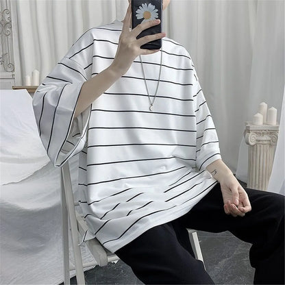 2026 Summer Oversized T-Shirt Men Funny Harajuku Tshirt Streetwear Femme Striped Japan Hip Hop Loose Half Sleeve T Shirts Male