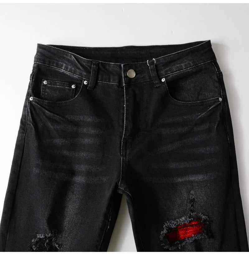 Men's Cracked Red Pleated Patch Biker Jeans Streetwear Patchwork Stretch Denim Pants Skinny Tapered Black Trousers