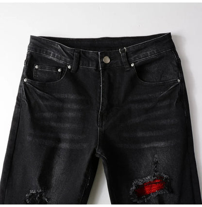 Men's Cracked Red Pleated Patch Biker Jeans Streetwear Patchwork Stretch Denim Pants Skinny Tapered Black Trousers
