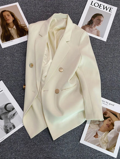Casual Small Suit Jacket Women Fashion Loose Metal Double-Breasted Blazer Coat Korean Occupation Office Formal Lapel Blazers