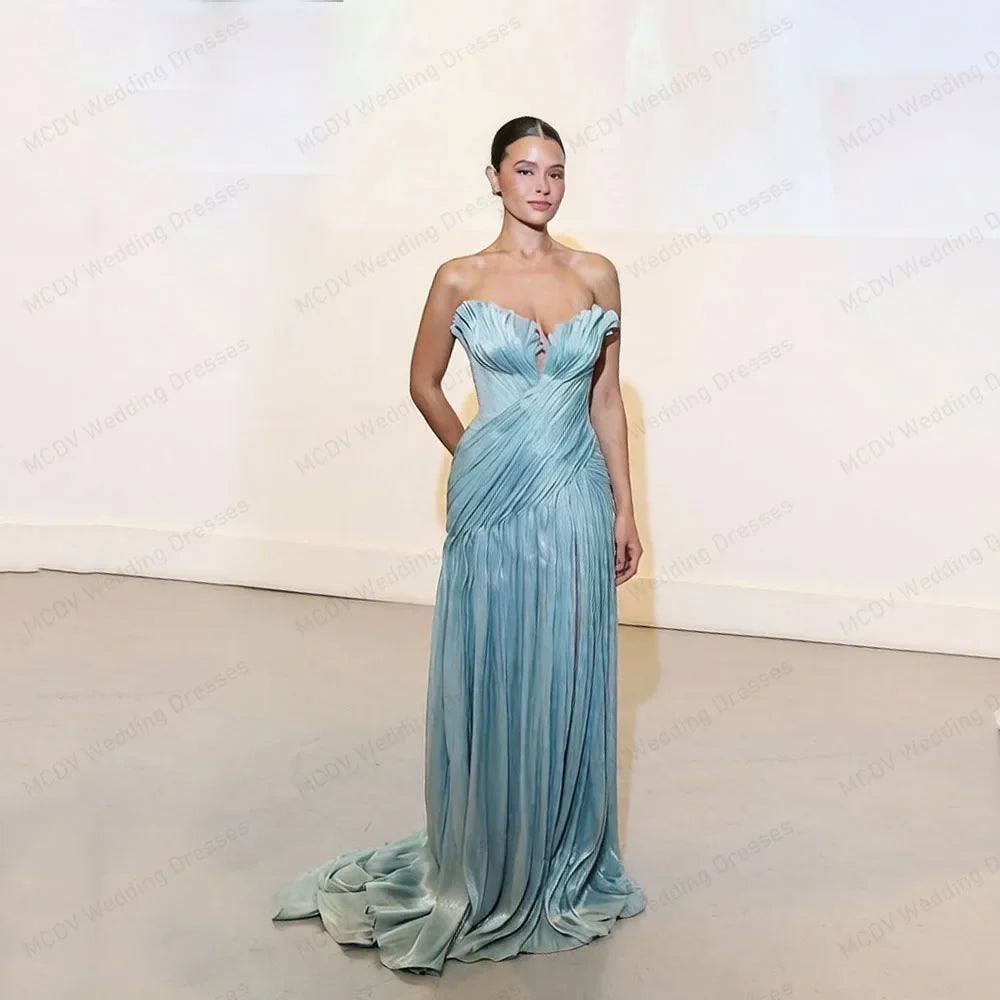 Pleated White Wedding Dress 2026 Strapless A Line Slit Shiny Bridal Gown With Train vestido de noivas para casamento Customized