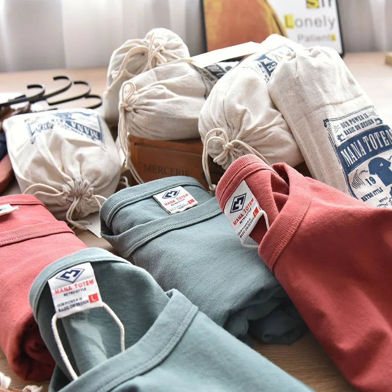 Summer New American Retro Short-sleeved O-neck Soild Color T-shirt Men's Fashion Simple 100% Cotton Washed Casual Sport Tops