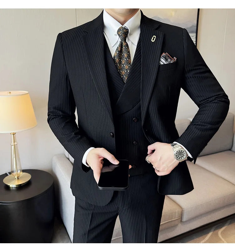 Luxury Stripe Men Suit Korean Version Fashion Elegant Slim Fit Tuxedo Formal Groom Wedding Social Suits