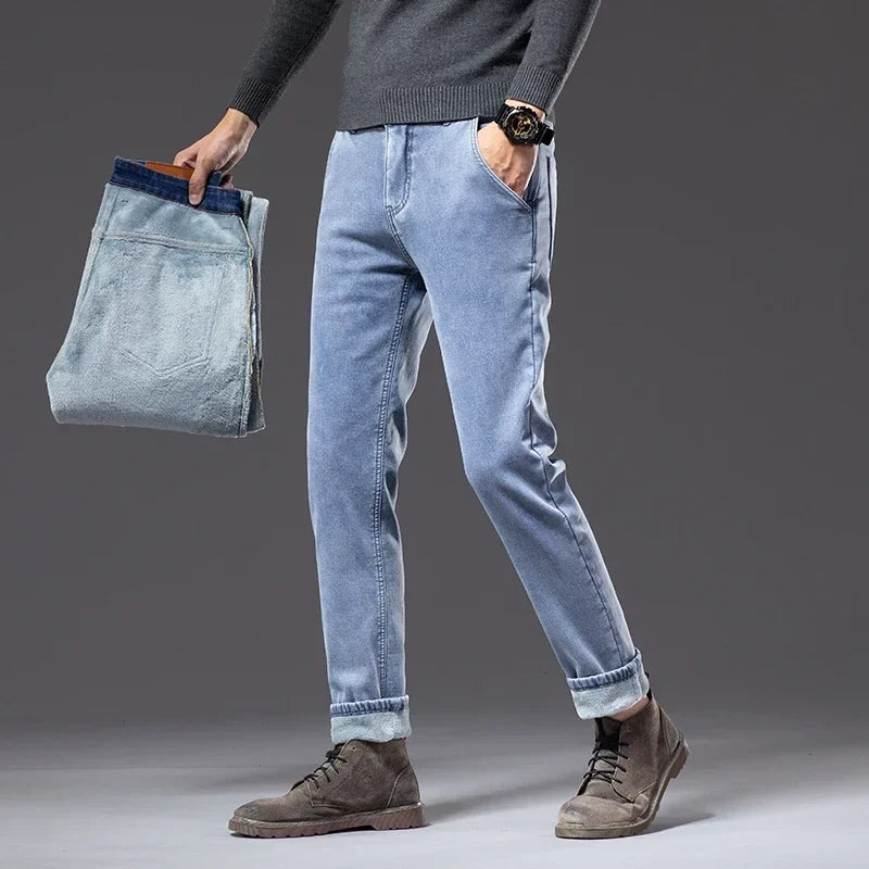 Winter Fleece Thick Warm Jeans Classic Brand Business Casual Men's Fitted Straight Stretch Mid-high Waist Denim Jeans
