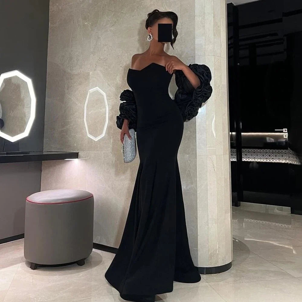 Sexy Women's Evening Gowns Black 3D Flowers Jacket 2024 Special Occasion Gowns Mermaid Sweetheart Wedding Party Gowns for Women