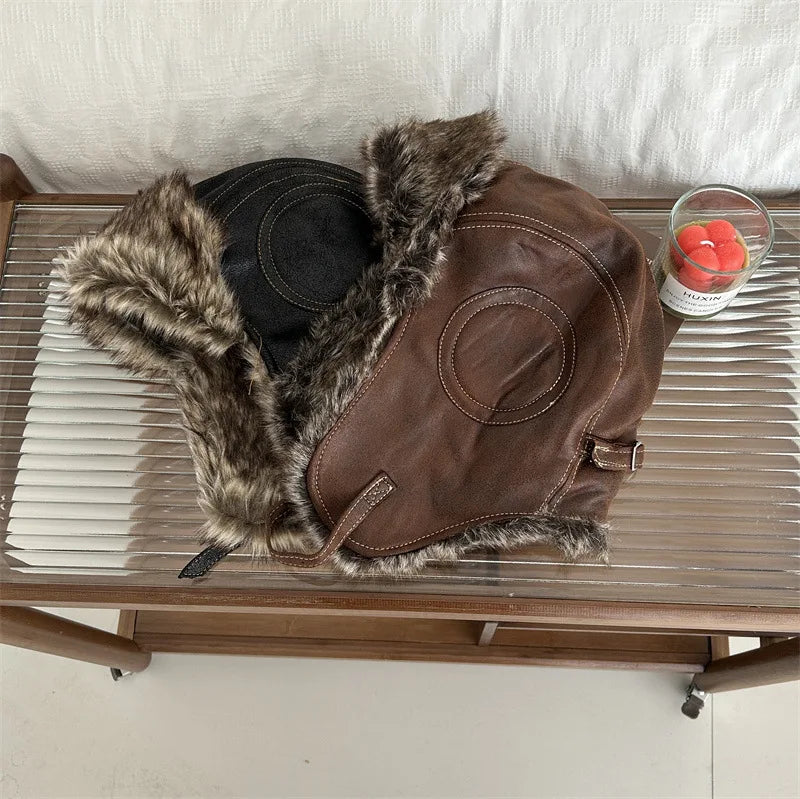 Korean Version Retro Plush Pilot Bomber Hats for Men and Women Ins 2023 Winter Thickened Warm PPU Leather Windproof Ski Caps