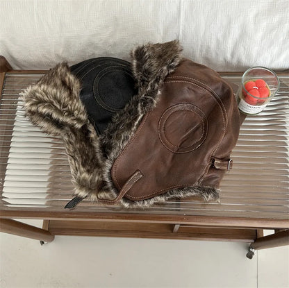 Korean Version Retro Plush Pilot Bomber Hats for Men and Women Ins 2023 Winter Thickened Warm PPU Leather Windproof Ski Caps