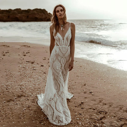 Customized Sexy Lace V Neck Beach Mermaid Wedding Dresses Elegant Spaghetti Straps Bridal Gowns Backless Vestidos De Novia
