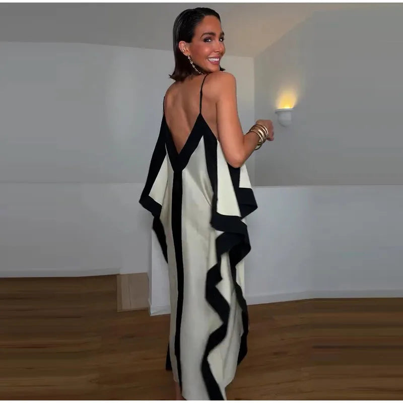 Contrast Black Trim Satin Maxi Dress Deep V Neck Loose Flowy Ruffle Hem Lady Long Gown 2026 Summer Formal Chic Vacation Dresses