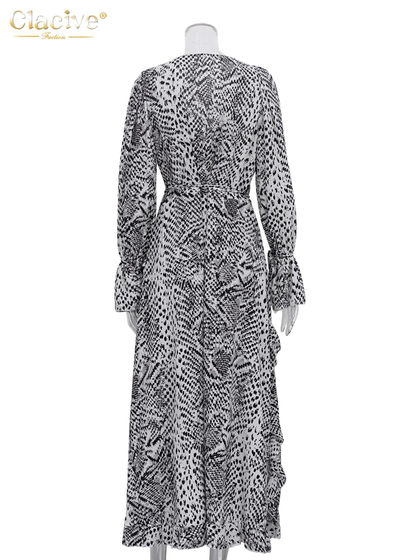 Fashion Loose Print Women's Dress 2025 Sexy V-Neck Long Sleeve Ankle Length Dresses Elegant Classic Ruffles Female Dress