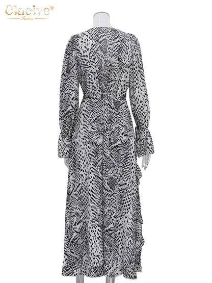 Fashion Loose Print Women's Dress 2025 Sexy V-Neck Long Sleeve Ankle Length Dresses Elegant Classic Ruffles Female Dress