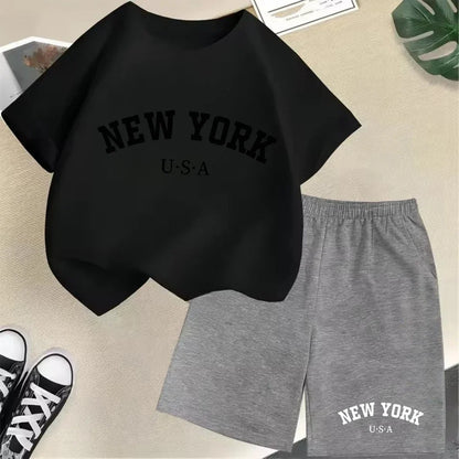 2026 New Kids Boys Girls New York Letter Pattern Cotton T-shirt+Shorts 2-Piece Set Casual Daily