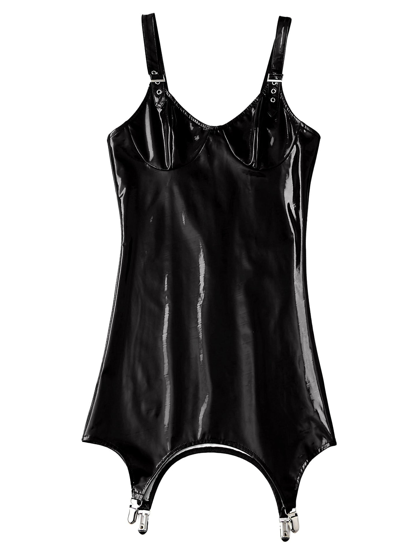 Womens Shiny Metallic PVC Leather V-Neck Mini Dress Chemise Wet Look Night Club Bodycon Babydoll Clubwear with Garter Belt